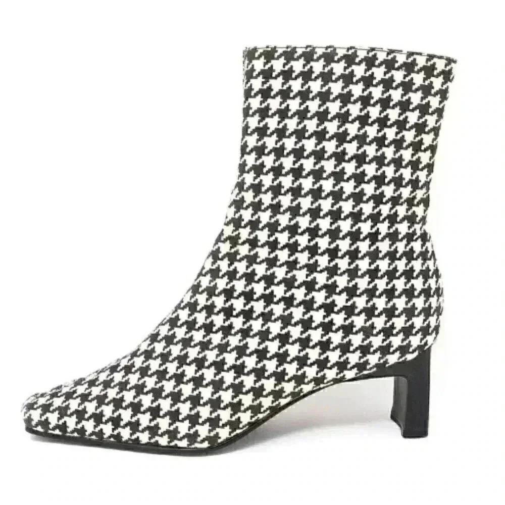Black White Houndstooth Low Heel Bootie Size 6.5 US Retro Square Toe Ankle Boots